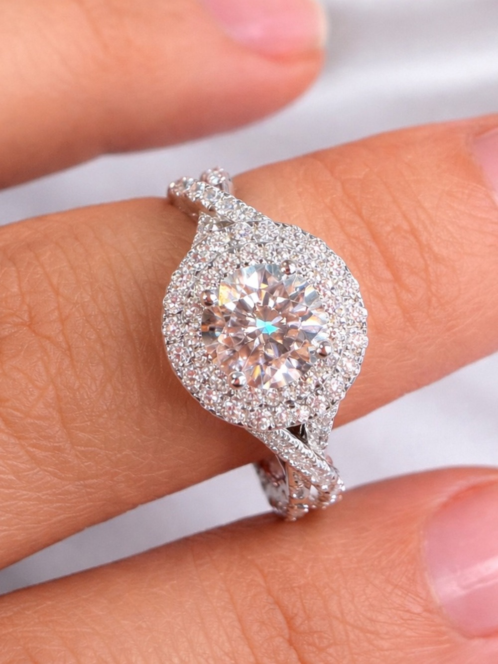 Classic Halo Silver Engagement Ring  925 Moissanite 2.03 CT Size 7